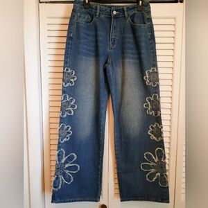 🌼NWOT Shein Boho Floral Embroidered Wide Leg Jeans (27)🌼